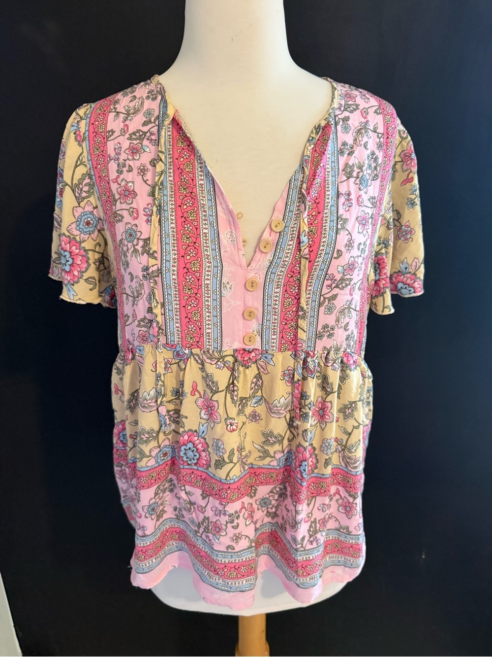 Womens Pink & Yellow Floral Button-Front Peasant Top
